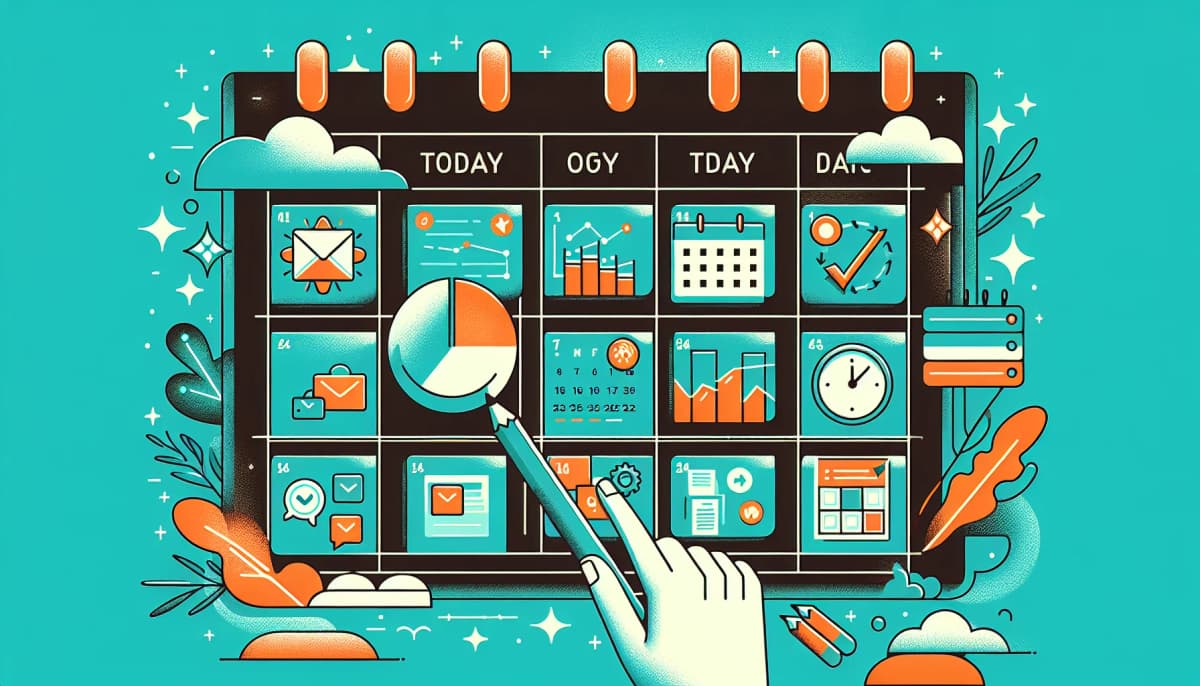 Illustration du content batching avec un calendrier éditorial rempli et des outils de création de contenu sur un bureau
