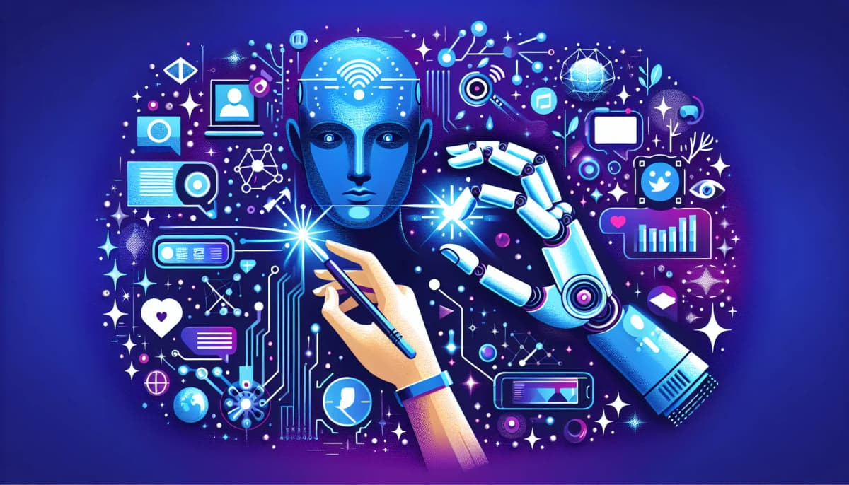 Illustration des outils IA pour la création de contenu social media avec icônes ChatGPT, Midjourney, CapCut et Canva