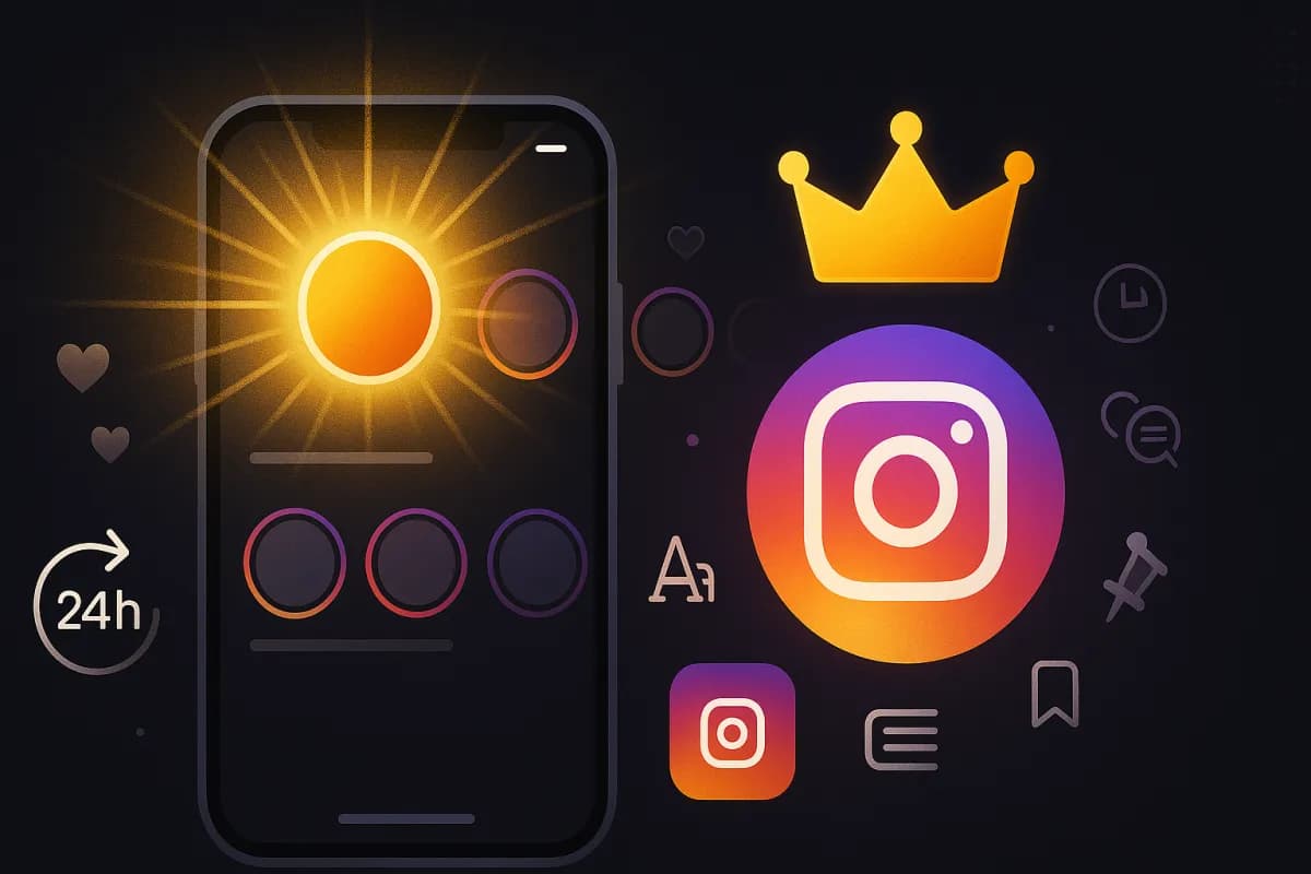 Instagram Plus abonnement 3.99$/mois lancé le 4 juin 2026 — story spotlight avec aura premium dorée, story 48h, rewatch insights, vue anonyme, design éditorial dark avec dégradé Instagram et accents or premium