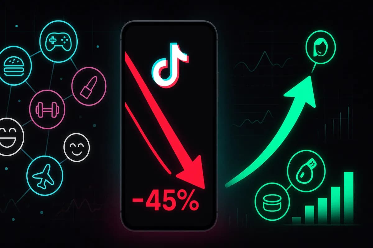 TikTok pénalité cross-niche -45% : visualisation de la chute de portée pour comptes multi-sujets vs croissance des comptes mono-niche, palette TikTok noir/cyan/magenta avec accents rouge alarme et vert croissance