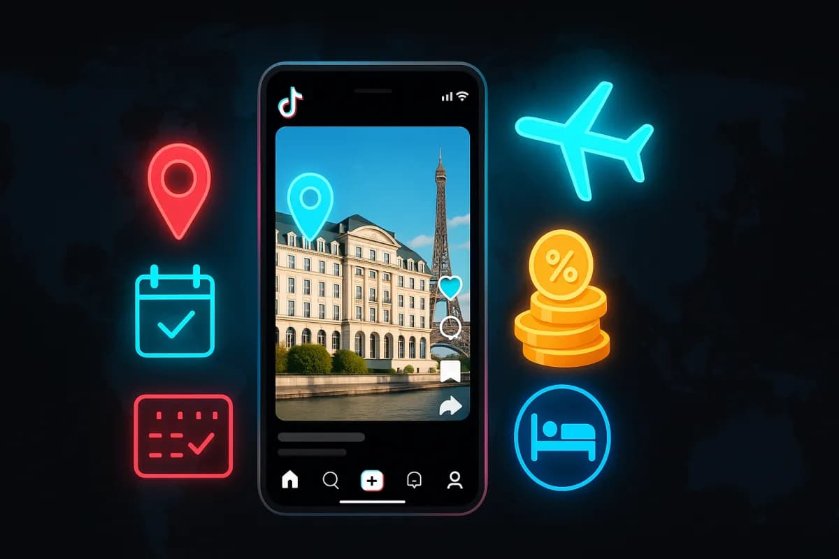 TikTok GO programme affiliation voyage 2026 — Reel TikTok avec tags hôtels, billets, activités et commissions Booking/Expedia/Viator/GetYourGuide, palette noir/cyan/magenta avec accents or pour la monétisation