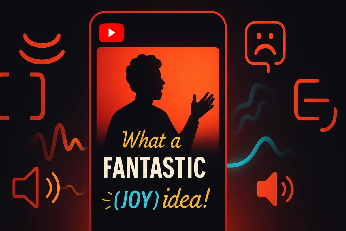 YouTube Expressive Captions IA — sous-titres émotionnels avec tags [joy] [sadness] [sarcasm], capitales pour les cris, étirements pour l'emphase, annotations soundscape, design éditorial dark avec accents rouges YouTube et cyan/jaune IA
