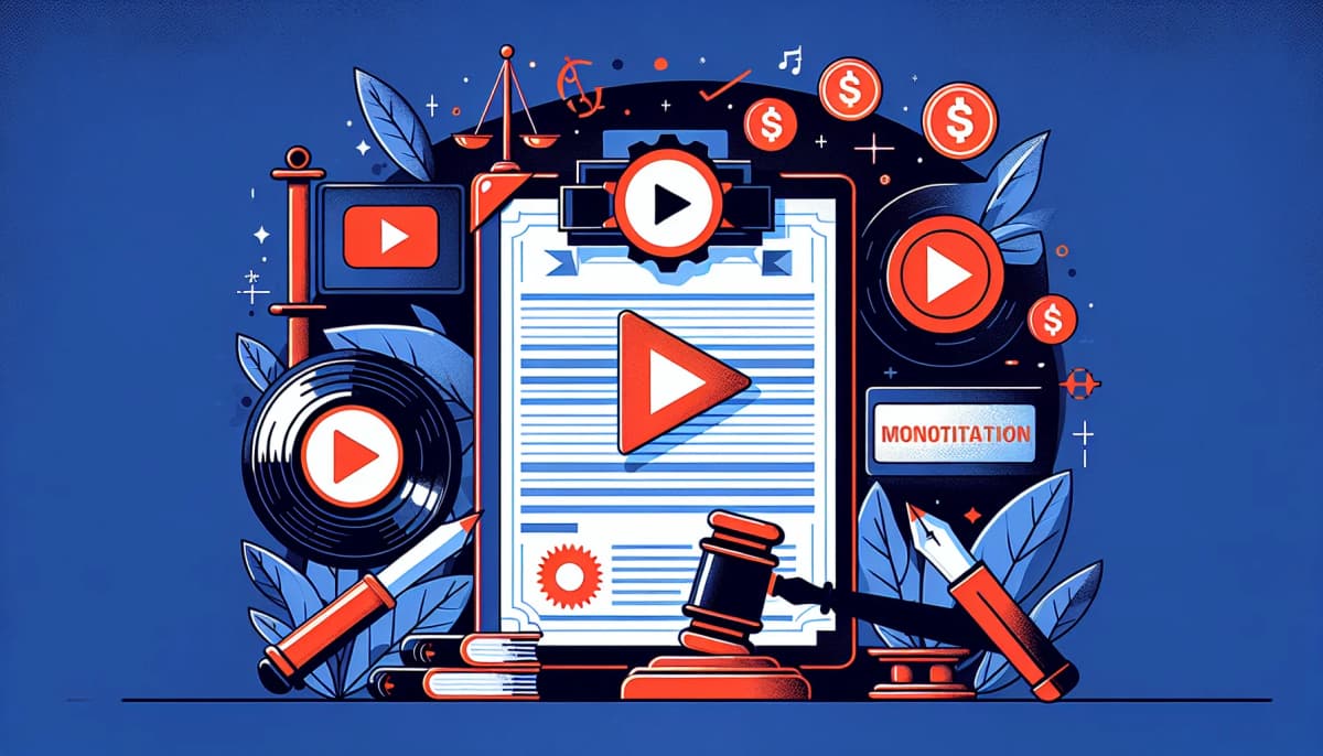 Illustration des nouvelles règles de monétisation YouTube 2025 avec icônes de revenus et paramètres