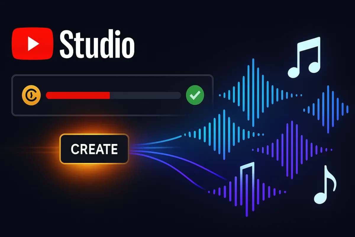 YouTube Replace Song IA — bouton Create dans YouTube Studio générant 4 instrumentaux royalty-free pour résoudre un Content ID claim, design éditorial dark avec accents rouges YouTube et cyan/violet IA